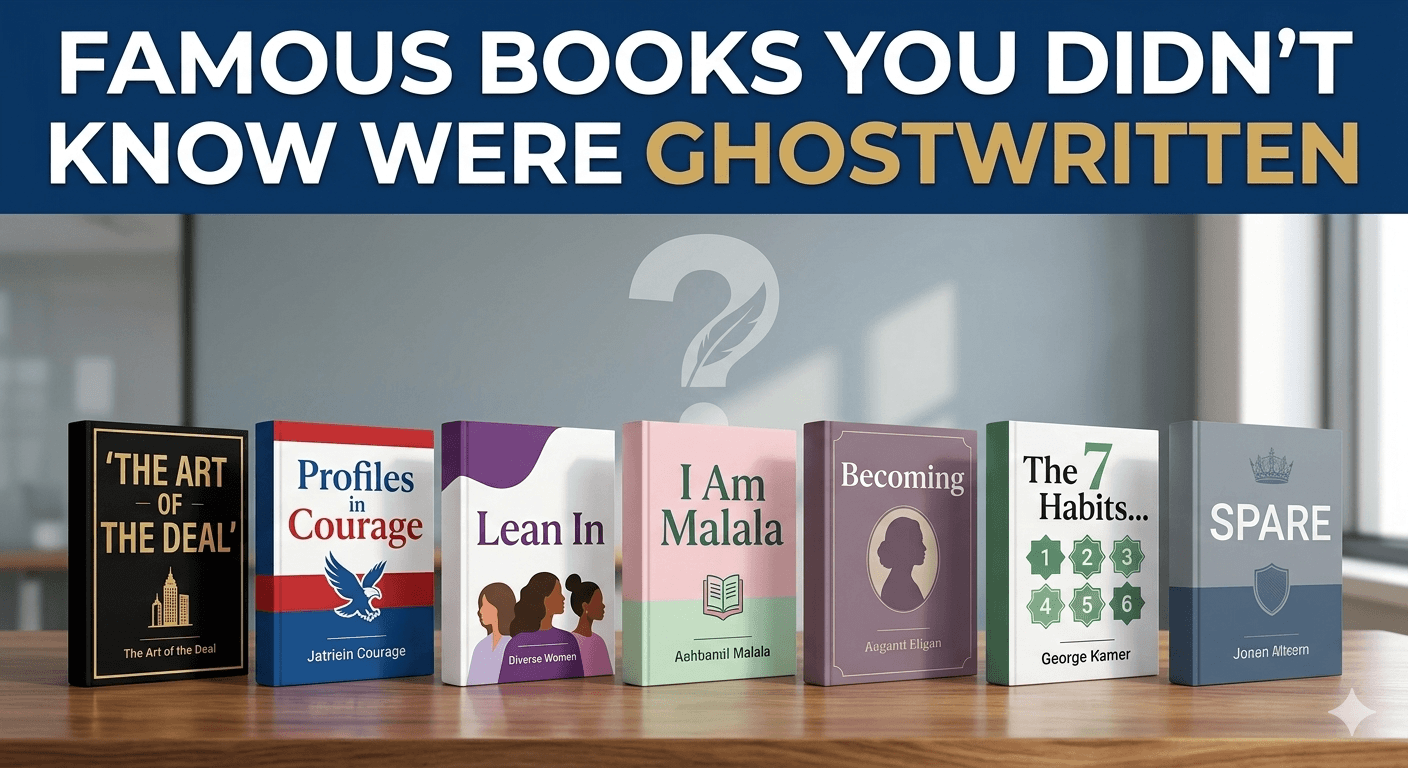 A professional display of iconic memoirs and business books, such as 'Spare' by Prince Harry and 'Becoming' by Michelle Obama, highlighting the role of professional ghostwriting in global bestsellers.