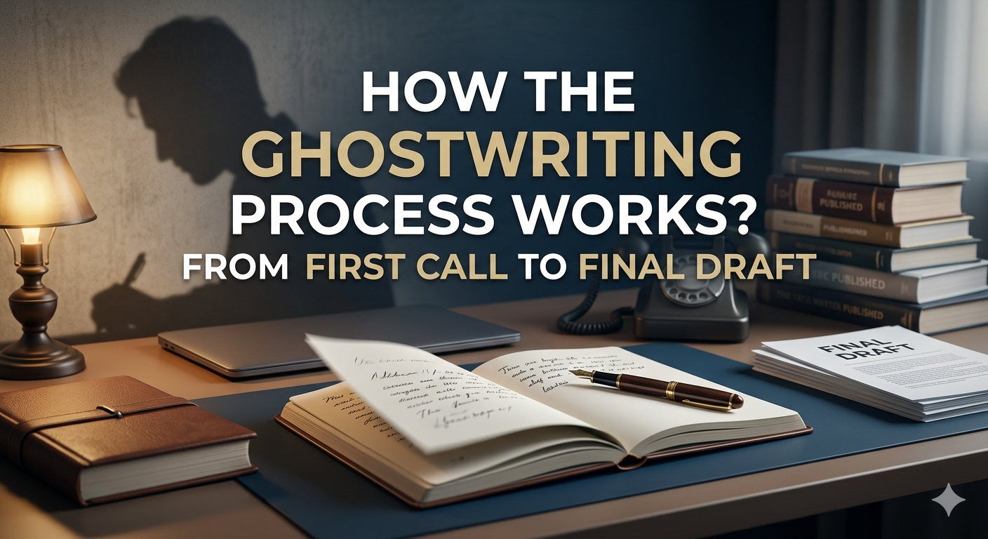 Visual guide showing the 5 stages of the ghostwriting process: Discovery call, outline creation, interviewing, drafting, and final revision.
