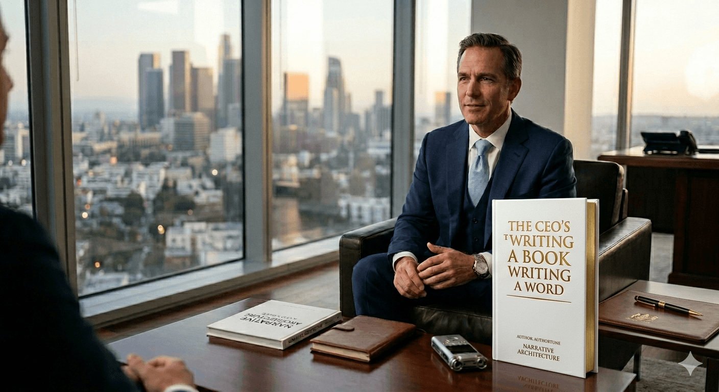 A professional CEO in a Los Angeles high-rise office discussing his book with a narrative architect, featuring a premium white book cover titled "The CEO's Guide to Writing a Book Without Writing a Word