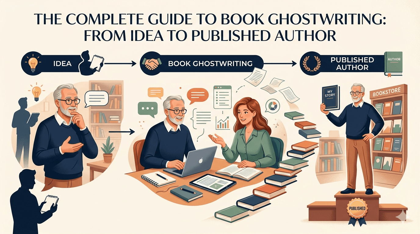 An infographic-style featured image for a book ghostwriting guide, illustrating the journey from an initial idea, through collaboration between a client and a ghostwriter, to the final published hardcover book and author success.