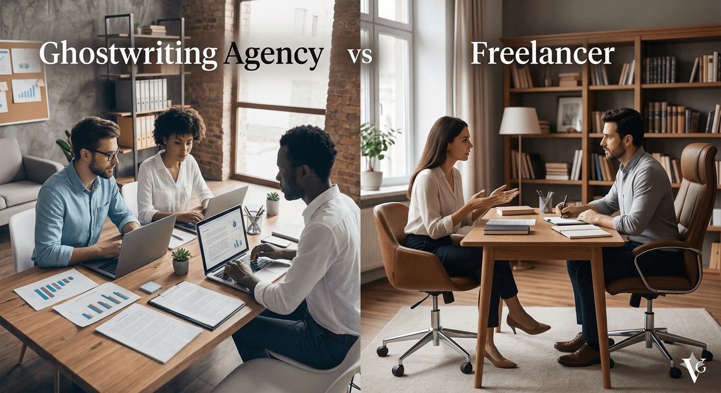 Conceptual split image comparing a ghostwriting agency team collaborating in a modern office (left) with a solo freelance ghostwriter meeting one-on-one with a client (right).