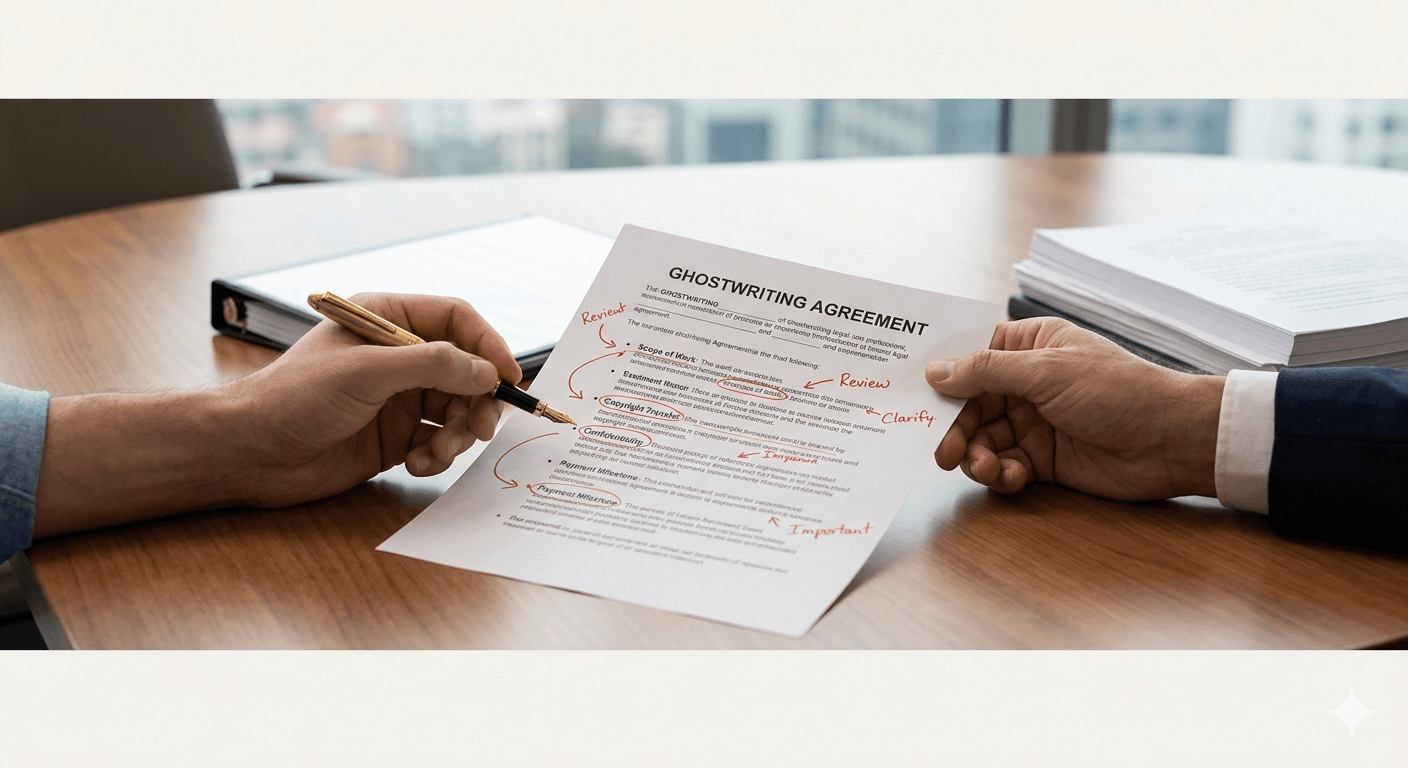 A close-up of a ghostwriting contract being reviewed on a wooden desk, with red pen marks highlighting key sections like scope of work, copyright, and confidentiality to show a professional audit.