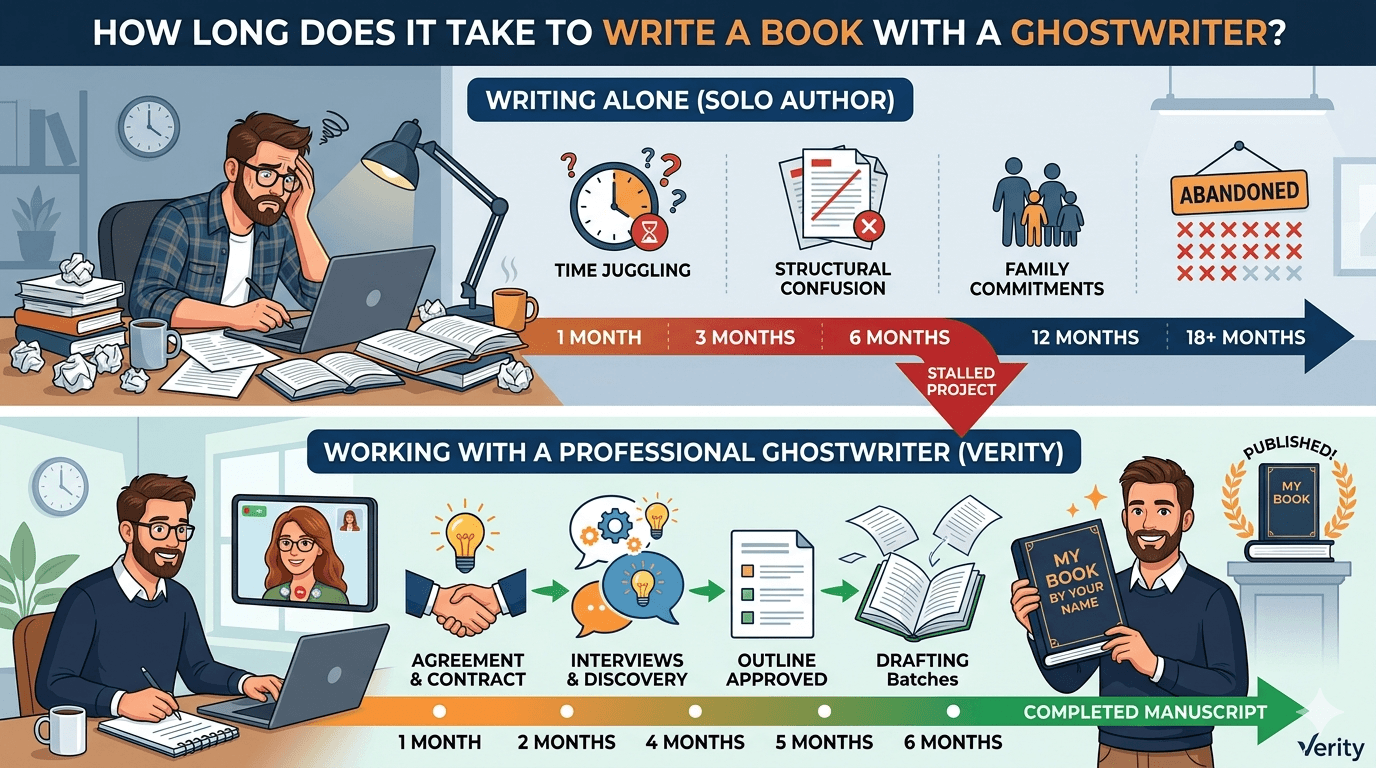 Infographic comparing book writing timelines for solo authors versus professional ghostwriters.