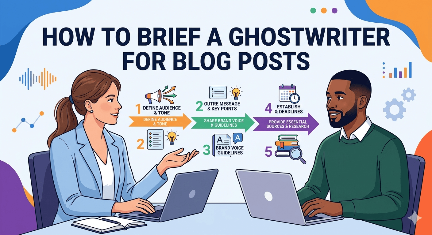 An infographic illustration showing a client briefing a ghostwriter for blog posts, featuring a 5-step process including audience definition, brand voice guidelines, and research sources.