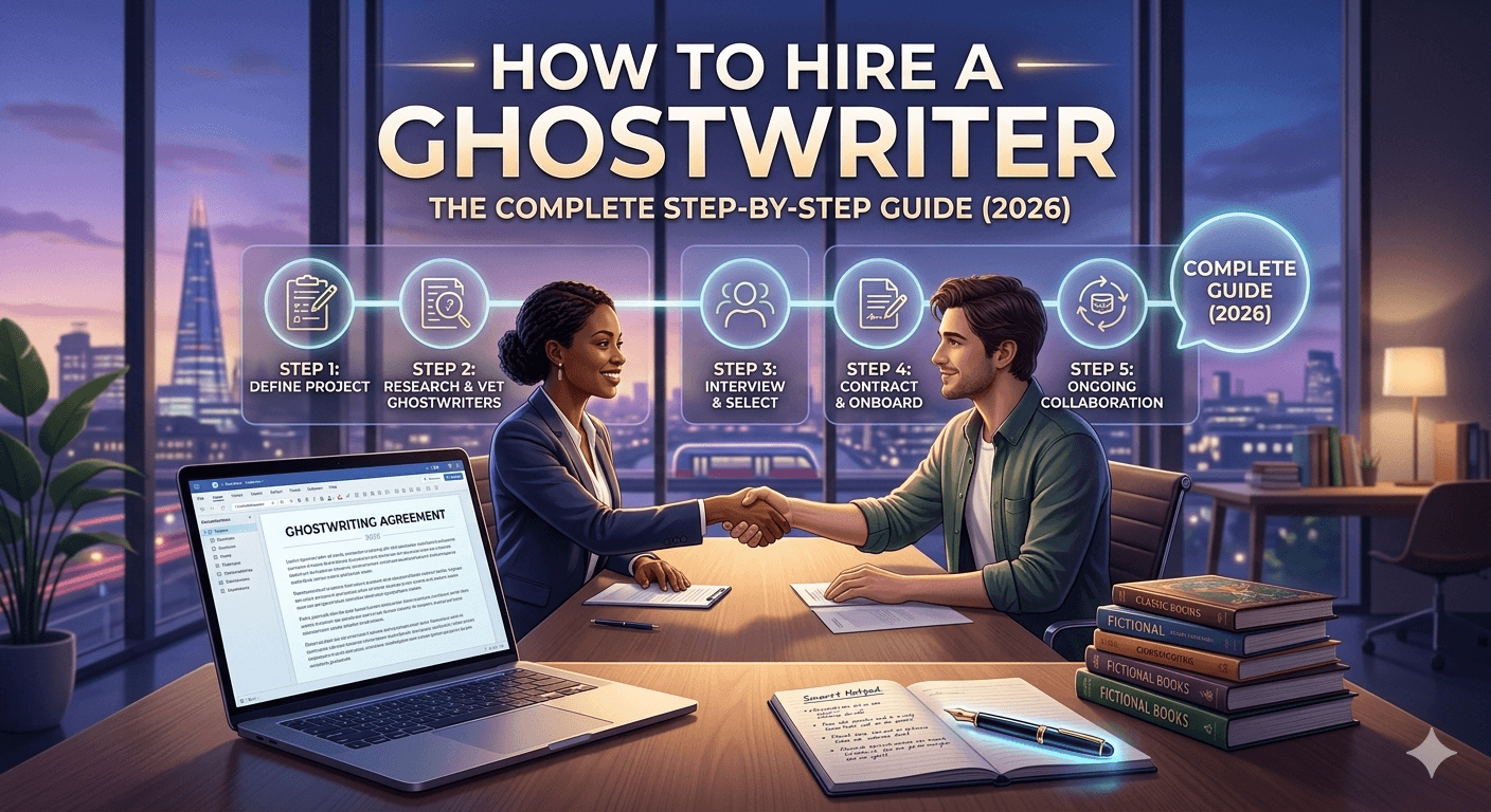 A professional infographic showing the 5-step process of hiring a ghostwriter in 2026, featuring a collaboration between a client and a human ghostwriter in a modern office setting.
