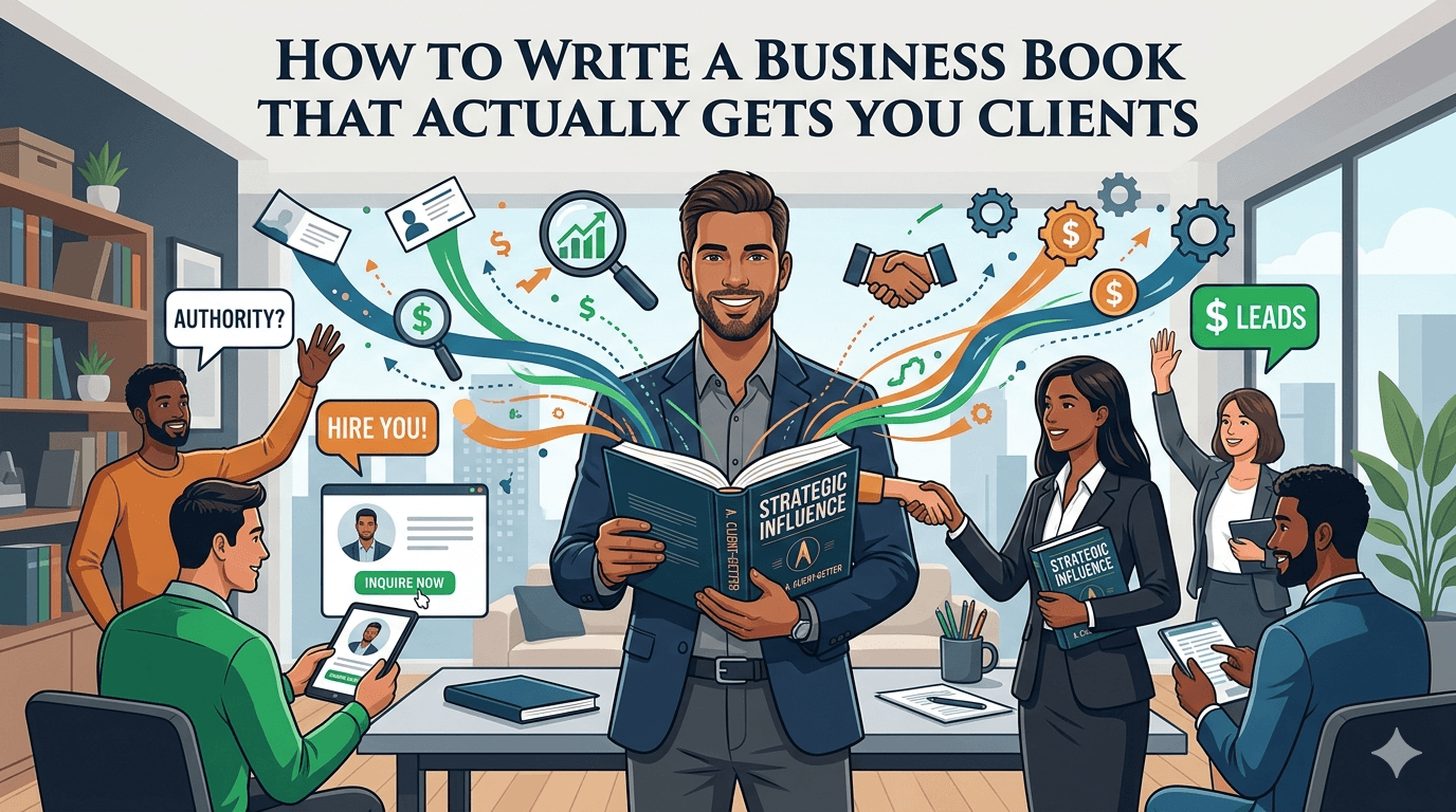 A dynamic featured image graphic for a business book guide, showing how a published book directly connects an author to new clients, leading to handshakes, leads, and high-value opportunities.