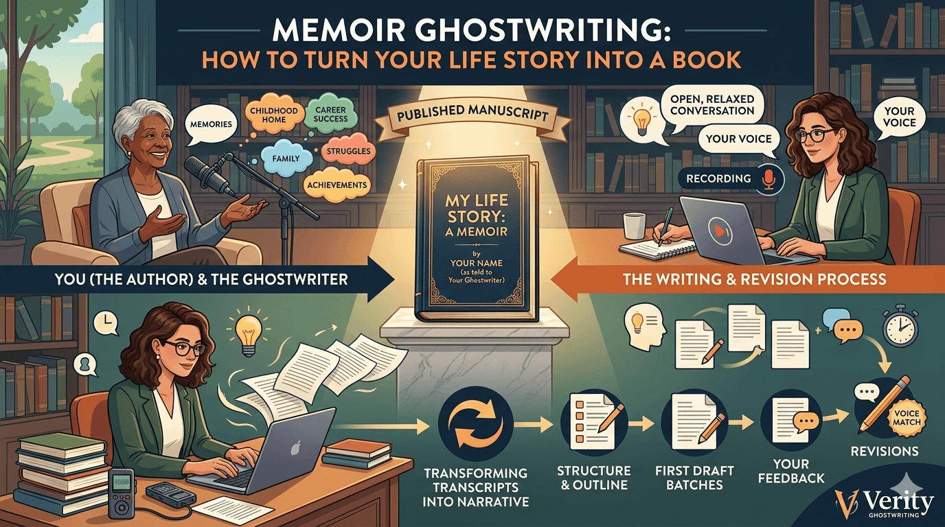 Infographic illustrating the memoir ghostwriting process, from recorded interviews and memory gathering to structural outlining, drafting batches, and the final published manuscript.