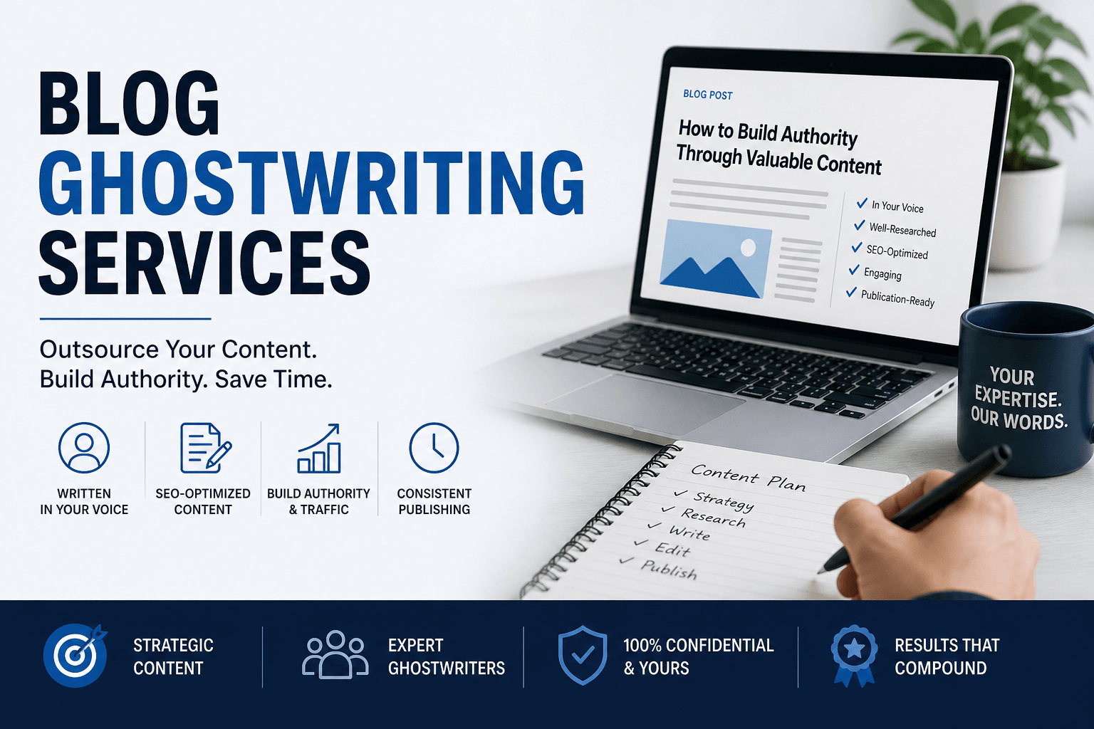 A professional workspace featuring a laptop displaying a blog post about building authority, a notebook with a content plan checklist, and text overlay for professional blog ghostwriting services.