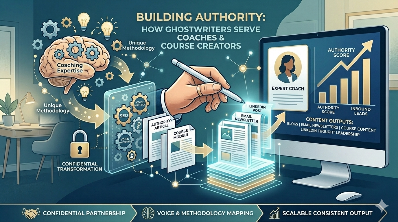 A conceptual infographic illustrating how ghostwriters build authority for coaches and course creators. It shows raw ideas and methodology being processed through SEO, Voice Mapping, and a 'Confidential Transformation' process. A human hand writes the final output—specifically 'AUTHORITY ARTICLE,' 'COURSE MODULE,' 'EMAIL NEWSLETTER,' and 'LINKEDIN POST'—which feed into a monitor displaying rising charts for 'AUTHORITY SCORE' and 'INBOUND LEADS' for an 'EXPERT COACH.' The bottom of the image lists 'CONFIDENTIAL PARTNERSHIP,' 'VOICE & METHODOLOGY MAPPING,' and 'SCALABLE CONSISTENT OUTPUT.'